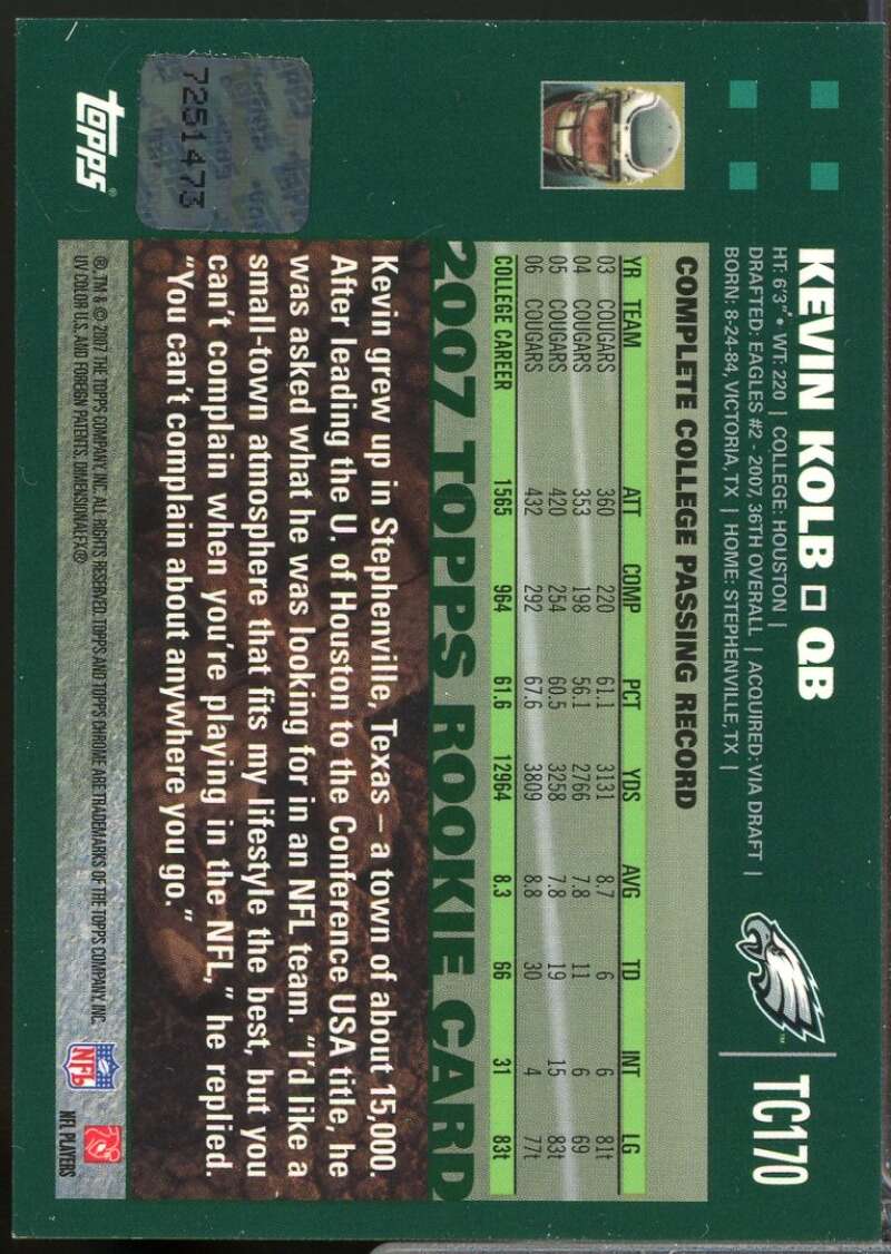 Kevin Kolb Card 2007 Topps Chrome Rookie Autographs #TC170  Image 2