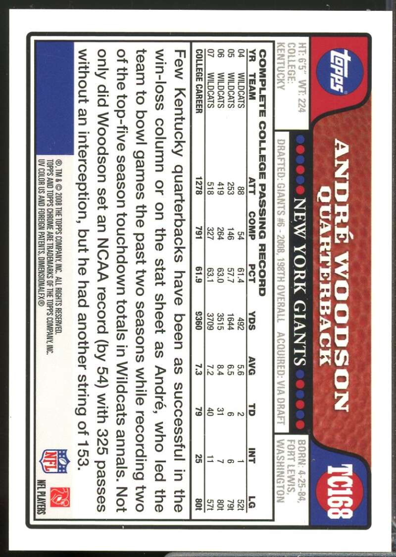 Andre Woodson Card 2008 Topps Chrome Rookie Autographs #TC168  Image 2