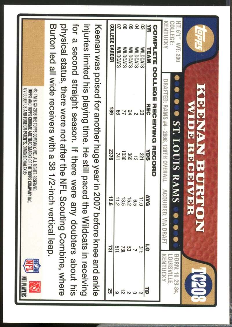 Keenan Burton Card 2008 Topps Chrome Rookie Autographs #TC208  Image 2