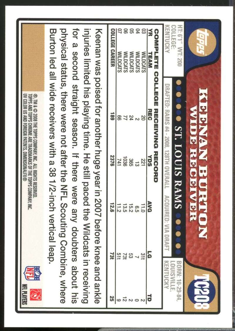 Keenan Burton Card 2008 Topps Chrome Rookie Autographs #TC208  Image 2