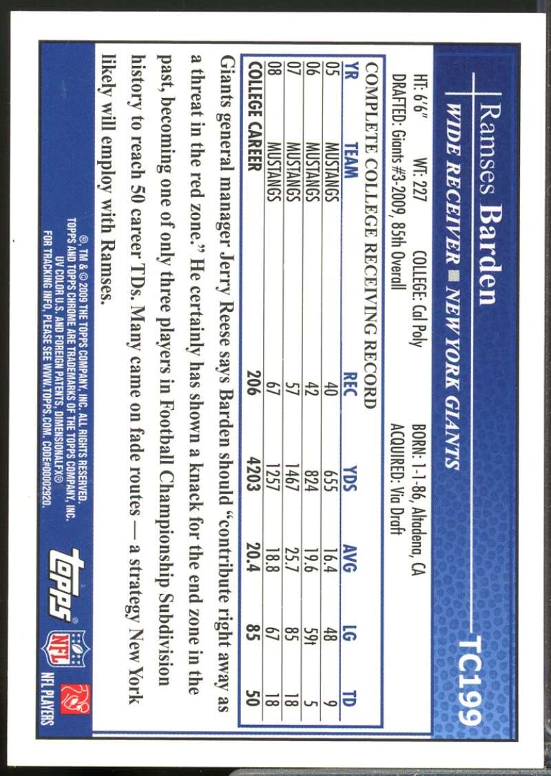 Ramses Barden Card 2009 Topps Chrome Rookie Autographs #TC199  Image 2
