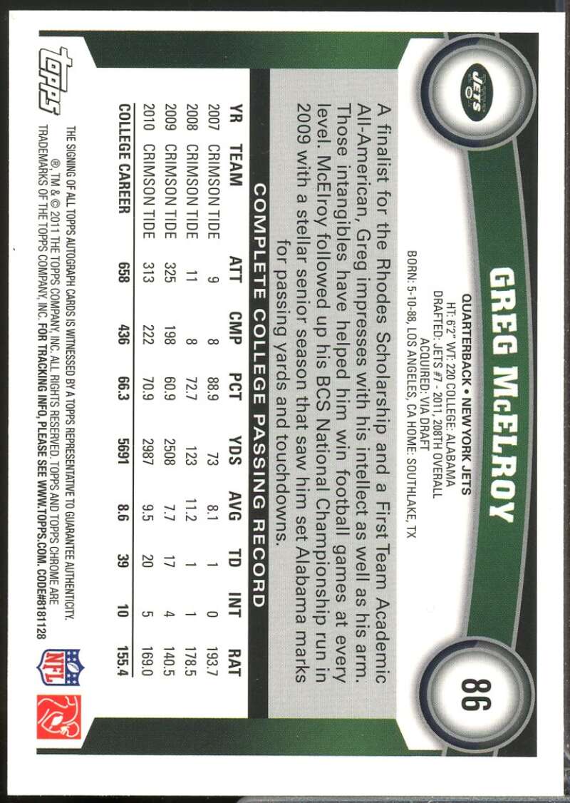 Greg McElroy Card 2011 Topps Chrome Rookie Autographs #86  Image 2