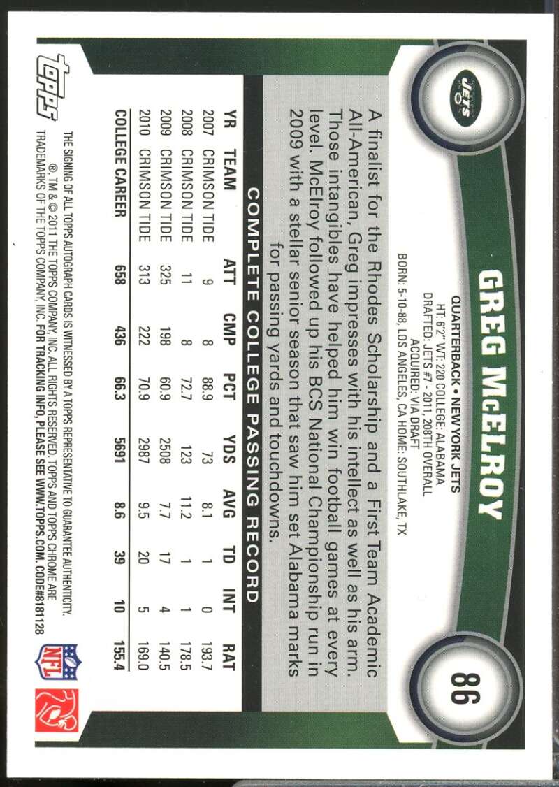 Greg McElroy Card 2011 Topps Chrome Rookie Autographs #86  Image 2