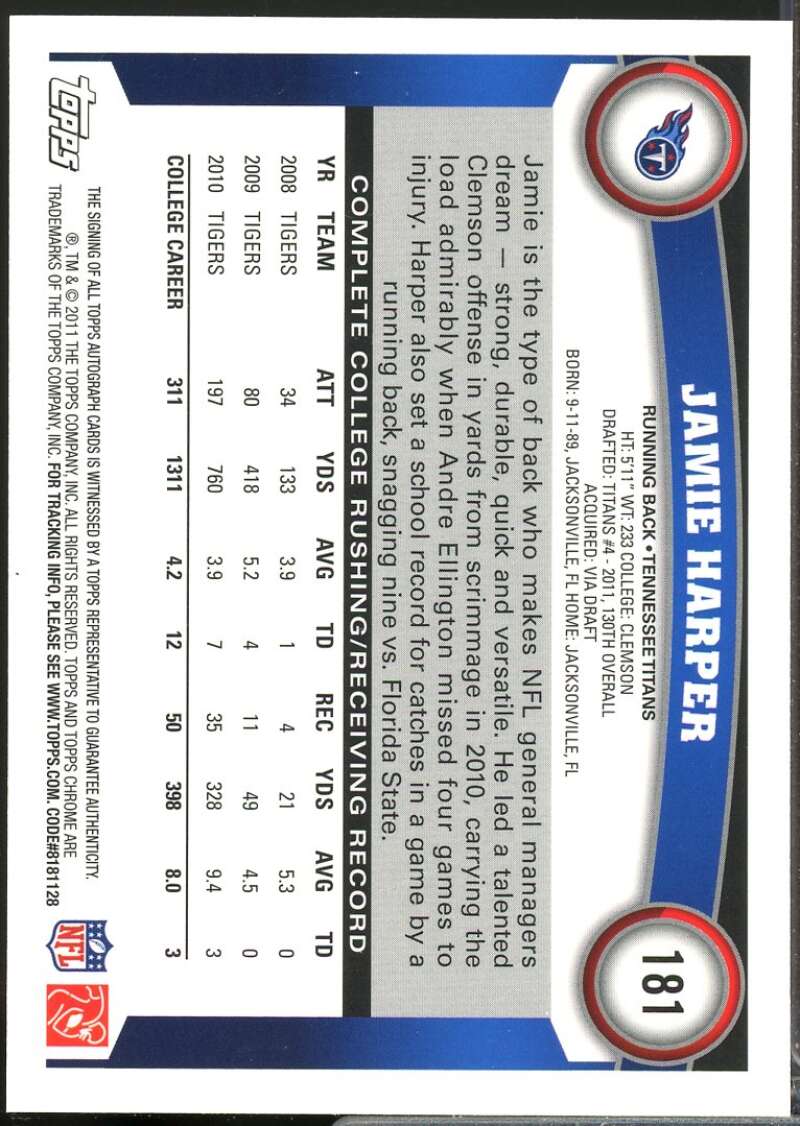 Jamie Harper Card 2011 Topps Chrome Rookie Autographs #181  Image 2