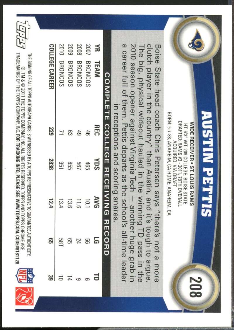 Austin Pettis Card 2011 Topps Chrome Rookie Autographs #208  Image 2