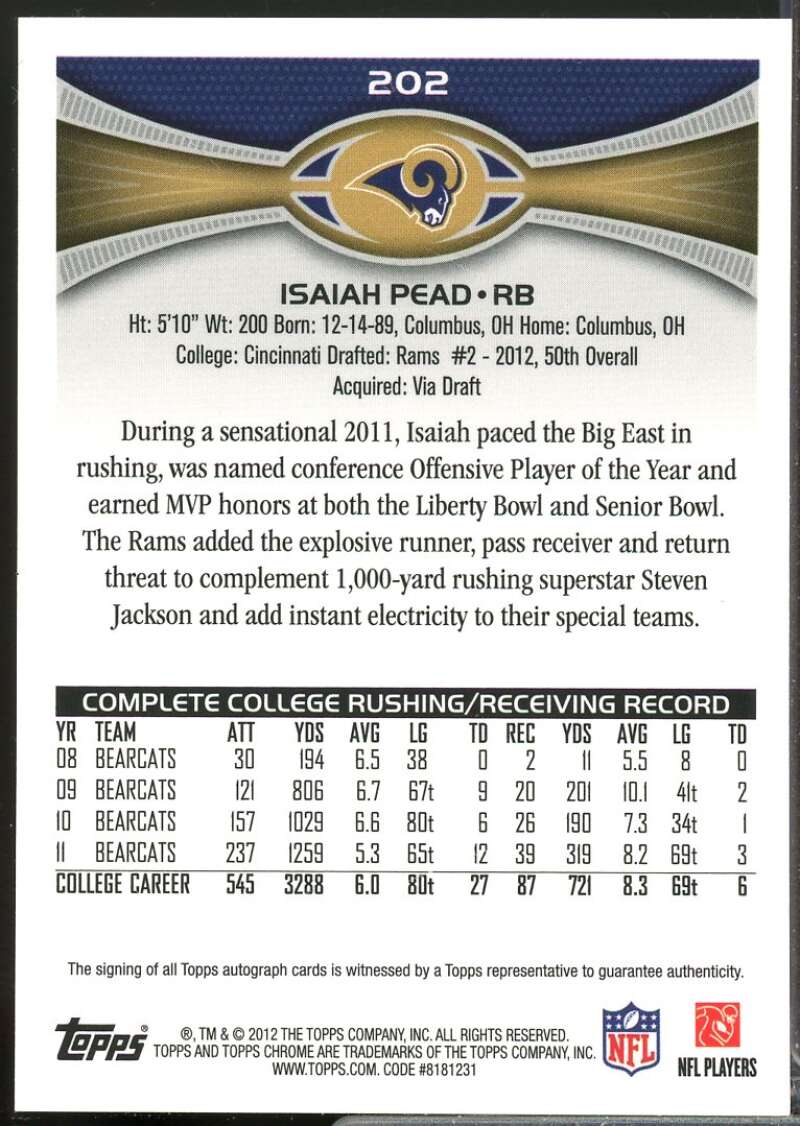 Isaiah Pead Card 2012 Topps Chrome Rookie Autographs #202  Image 2