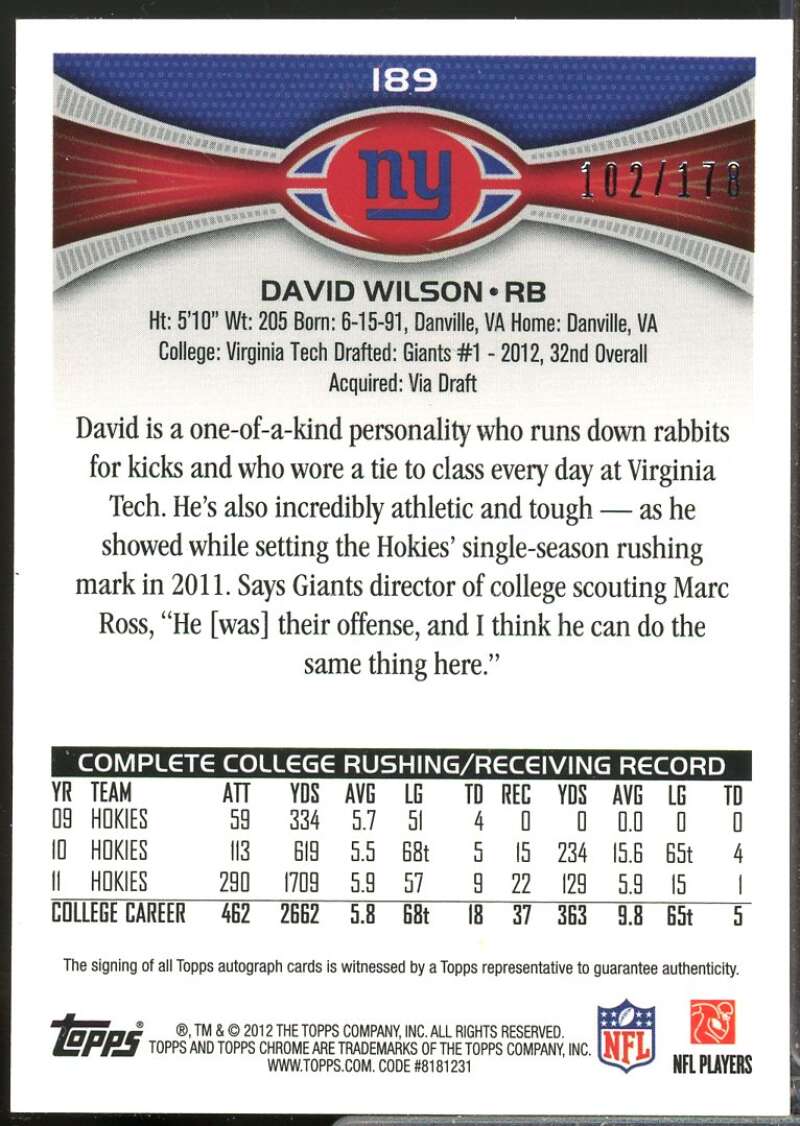 David Wilson Card 2012 Topps Chrome Rookie Autographs #189  Image 2