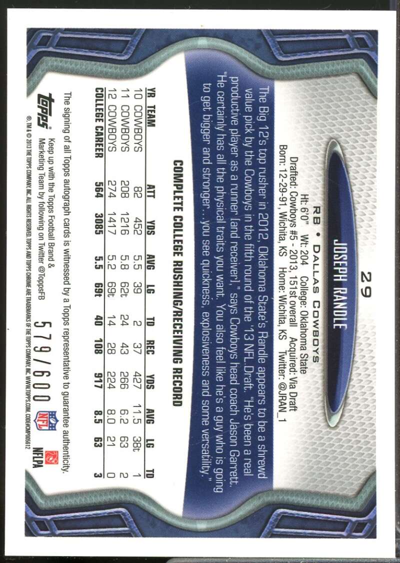 Joseph Randle /600 Card 2013 Topps Chrome Rookie Autographs #29  Image 2
