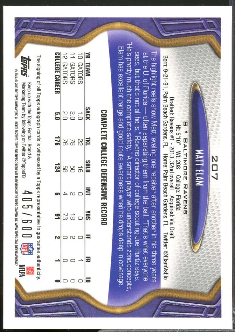 Matt Elam /600 Card 2013 Topps Chrome Rookie Autographs #207  Image 2