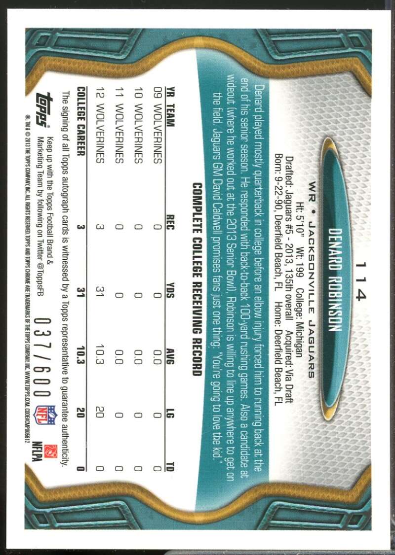 Denard Robinson /600 Card 2013 Topps Chrome Rookie Autographs #114  Image 2