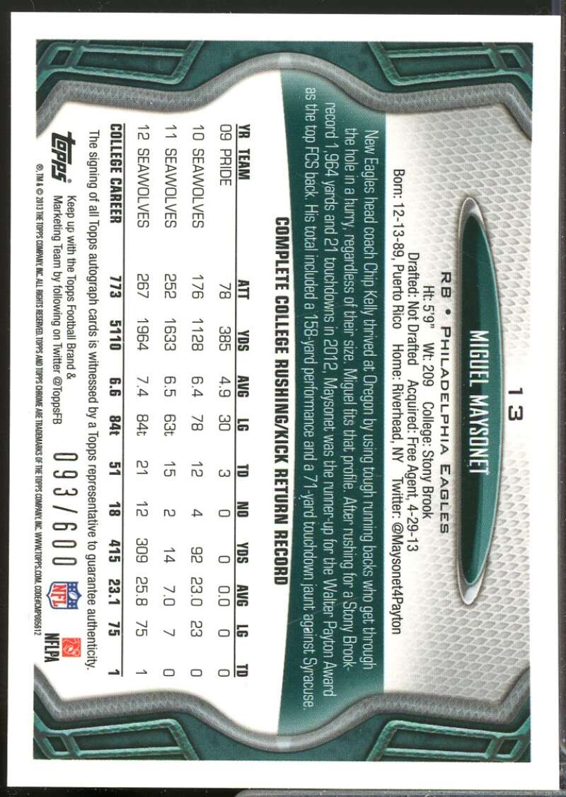 Miguel Maysonet /600 Card 2013 Topps Chrome Rookie Autographs #13  Image 2