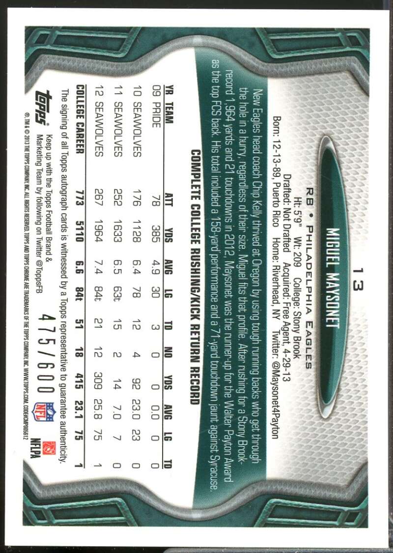Miguel Maysonet /600 Card 2013 Topps Chrome Rookie Autographs #13  Image 2