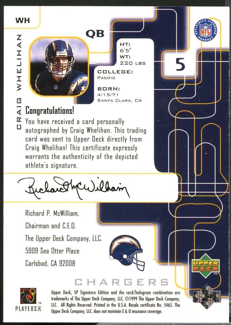Craig Whelihan Card 1999 SP Signature Edition Autographs #WH  Image 2