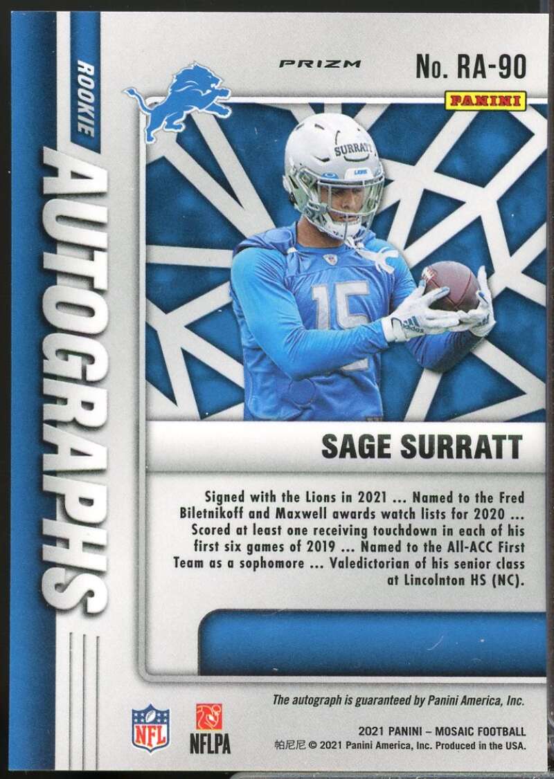 Sage Surratt Card 2021 Panini Mosaic Rookie Autographs Mosaic #90  Image 2