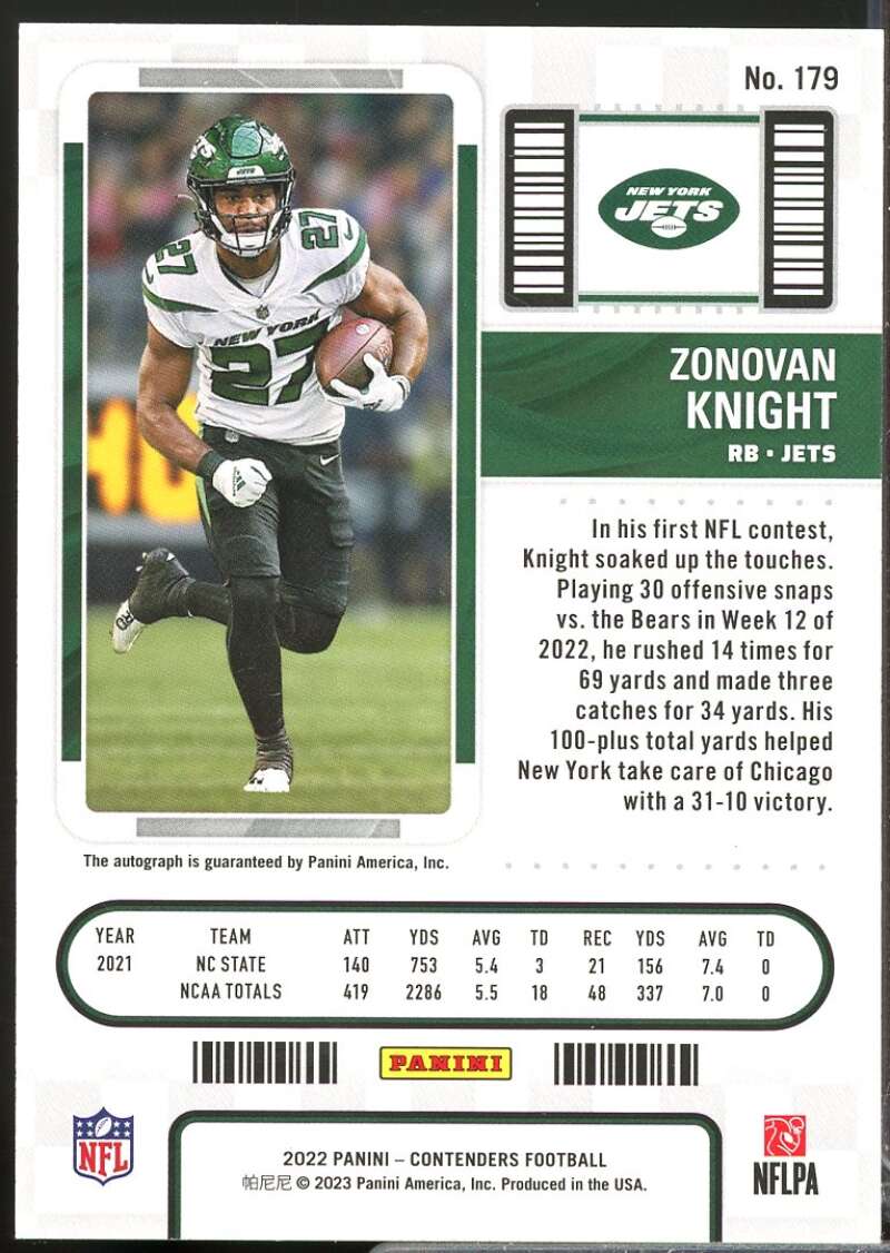 Zonovan Knight RC Card 2022 Panini Contenders Rookie Autograph #179  Image 2