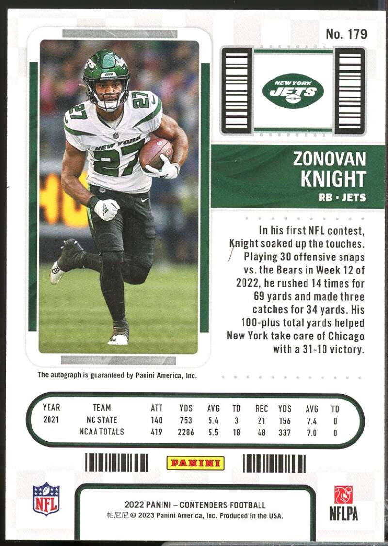 Zonovan Knight RC Card 2022 Panini Contenders Rookie Autograph #179  Image 2