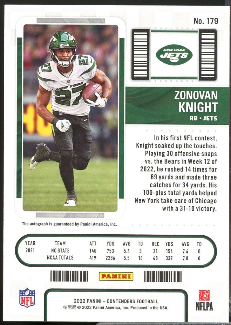 Zonovan Knight RC Card 2022 Panini Contenders Rookie Autograph #179  Image 2