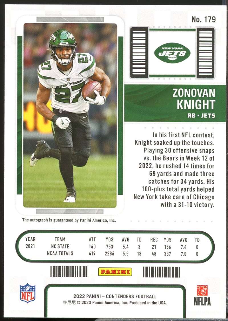 Zonovan Knight RC Card 2022 Panini Contenders Rookie Autograph #179  Image 2