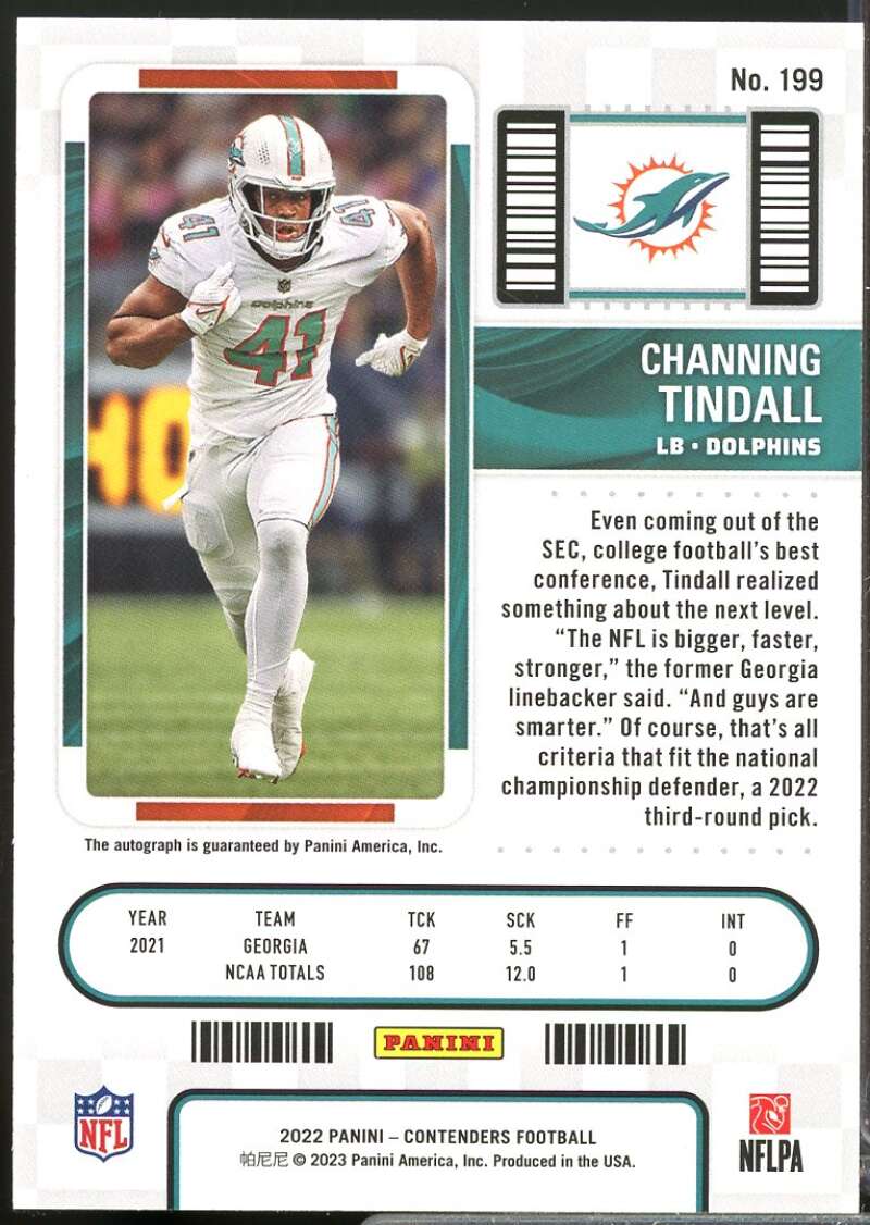 Channing Tindall RC Card 2022 Panini Contenders Rookie Autograph #199  Image 2