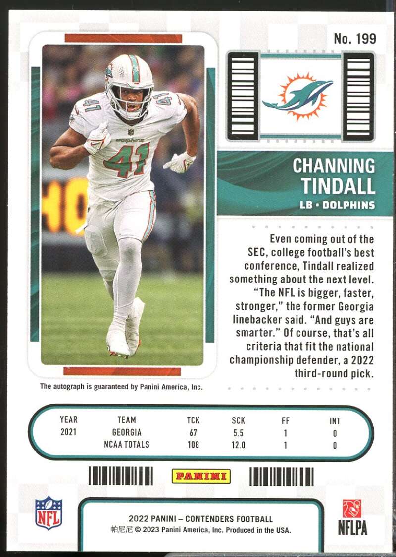 Channing Tindall RC Card 2022 Panini Contenders Rookie Autograph #199  Image 2