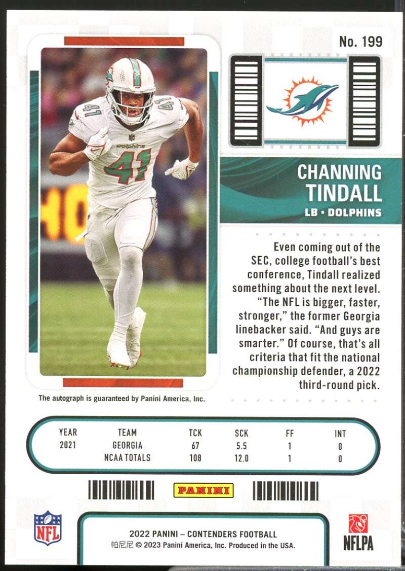 Channing Tindall RC Card 2022 Panini Contenders Rookie Autograph #199  Image 2