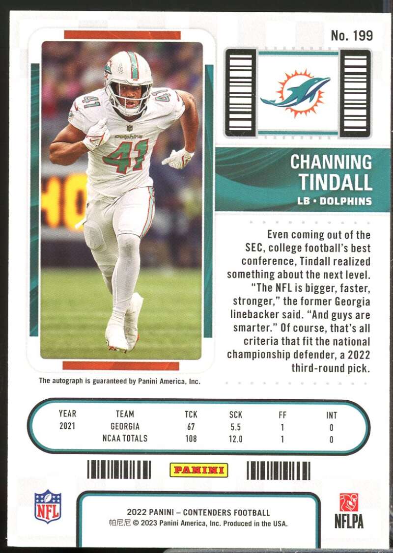 Channing Tindall RC Card 2022 Panini Contenders Rookie Autograph #199  Image 2