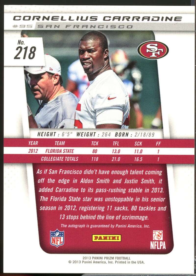 Cornellius Carradine Card 2013 Panini Prizm Rookie Autographs #218  Image 2