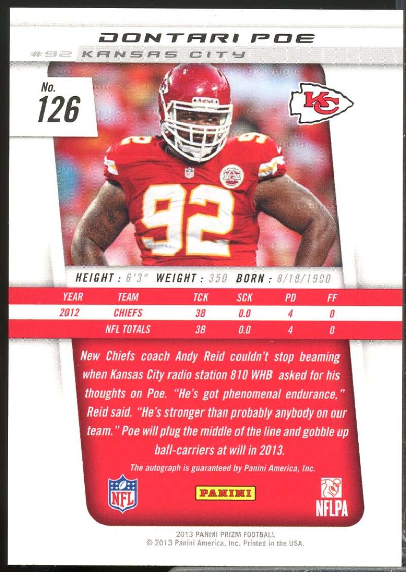 Dontari Poe Card 2013 Panini Prizm Autographs #126  Image 2