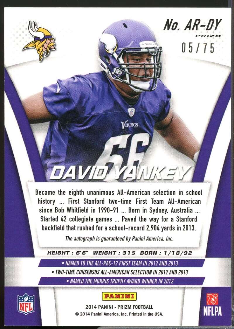 David Yankey /75 Card 2014 Panini Prizm Rookie Autographs Prizms Blue #ARDY  Image 2