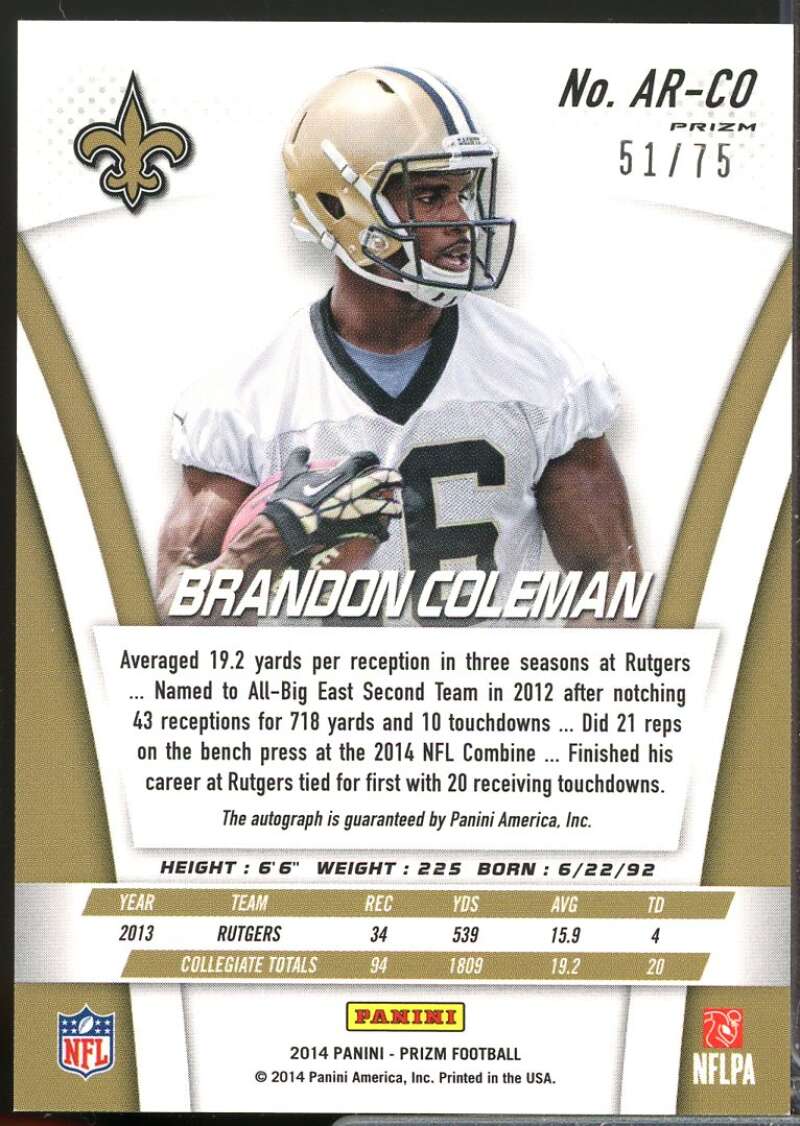 Brandon Coleman /75 Card 2014 Panini Prizm Rookie Autographs Prizms Blue #ARBC1  Image 2