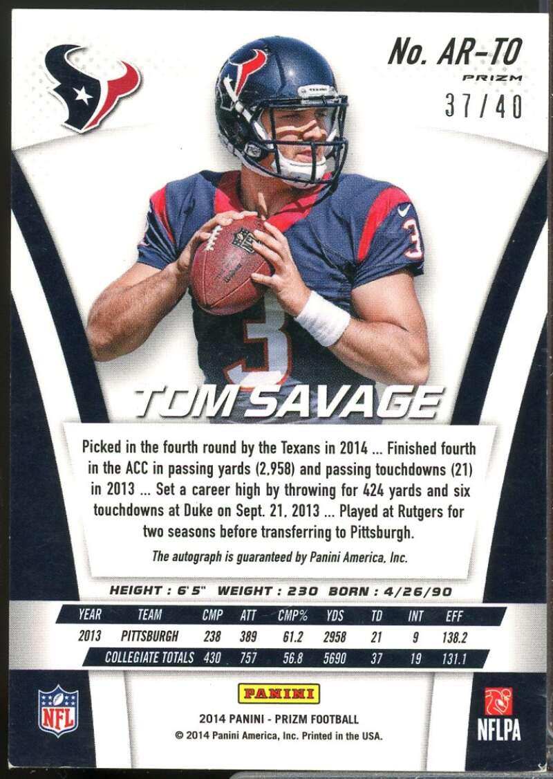 Tom Savage /40 Card 2014 Panini Prizm Rookie Autographs Prizms Red #ARTS2  Image 2