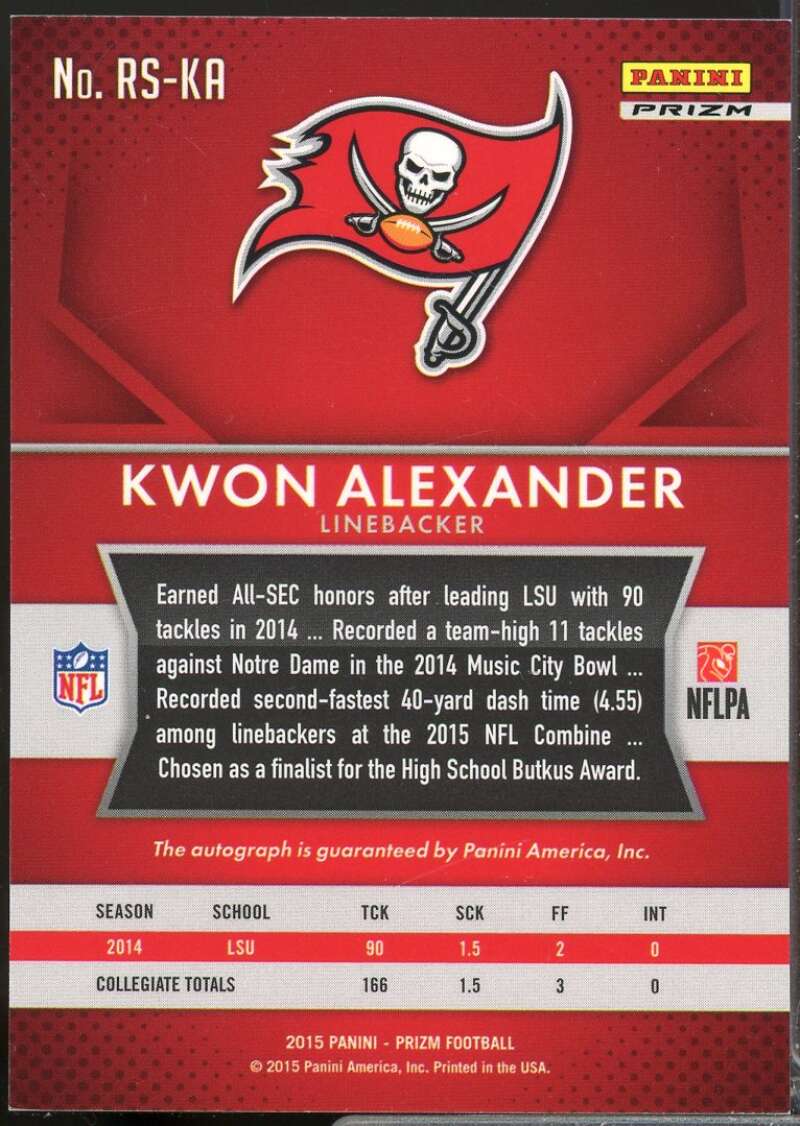 Kwon Alexander 2015 Panini Prizm Rookie Autographs Prizms Red White Blue #RSKA  Image 2