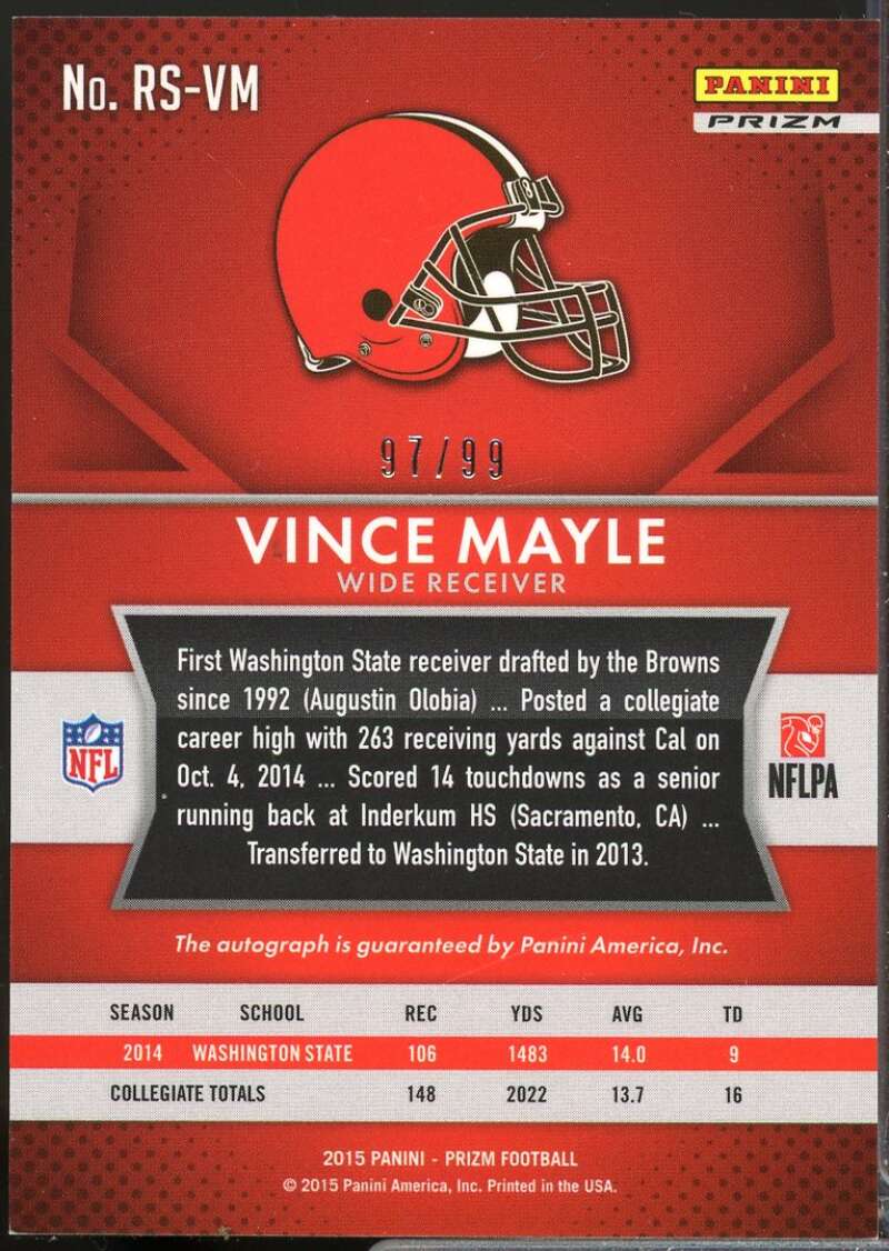 Vince Mayle /99 Card 2015 Panini Prizm Rookie Autographs Prizms Red Power #RSVM  Image 2