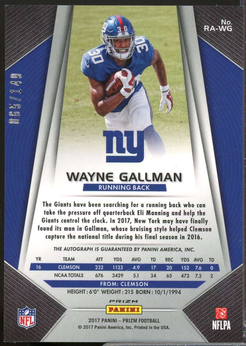 Wayne Gallman Card 2017 Panini Prizm Rookie Autographs Prizms Blue Wave #RAWG  Image 2