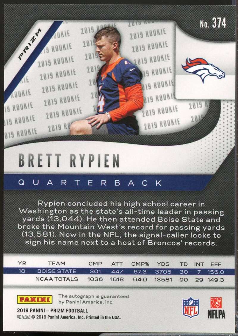 Brett Rypien 2019 Panini Prizm Rookie Autographs Prizms Neon Green Pulsar #374  Image 2