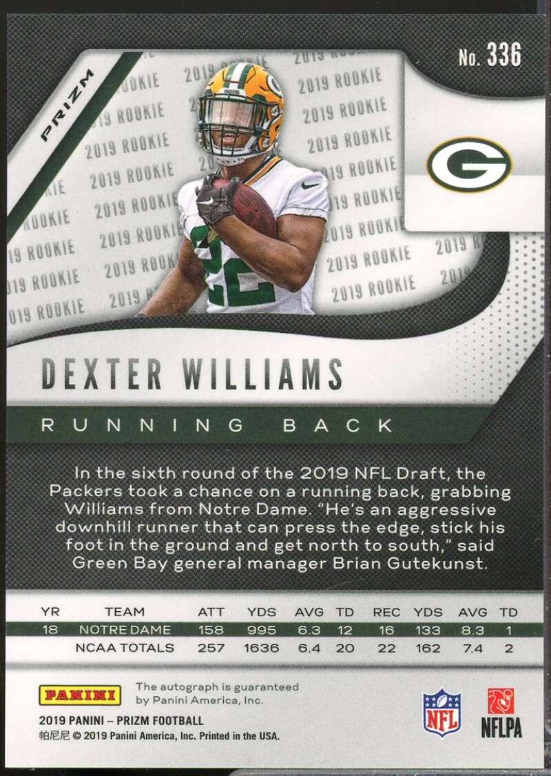 Dexter Williams 2019 Panini Prizm Rookie Autograph Prizms Neon Green Pulsar #336  Image 2
