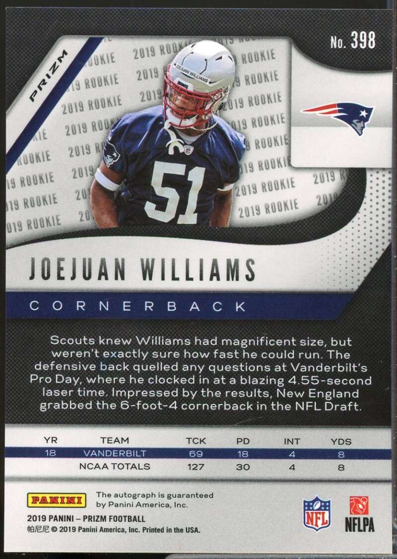 Joejuan Williams 2019 Panini Prizm Rookie Autographs Neon Green Pulsar #398  Image 2