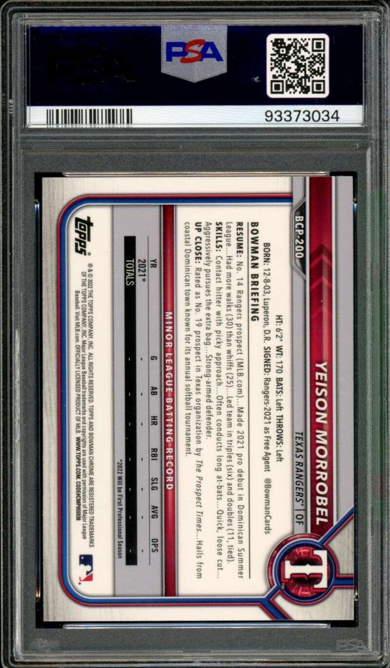 Yeison Morrobel Rookie Card 2022 Bowman Chrome #200 PSA 10 Image 2