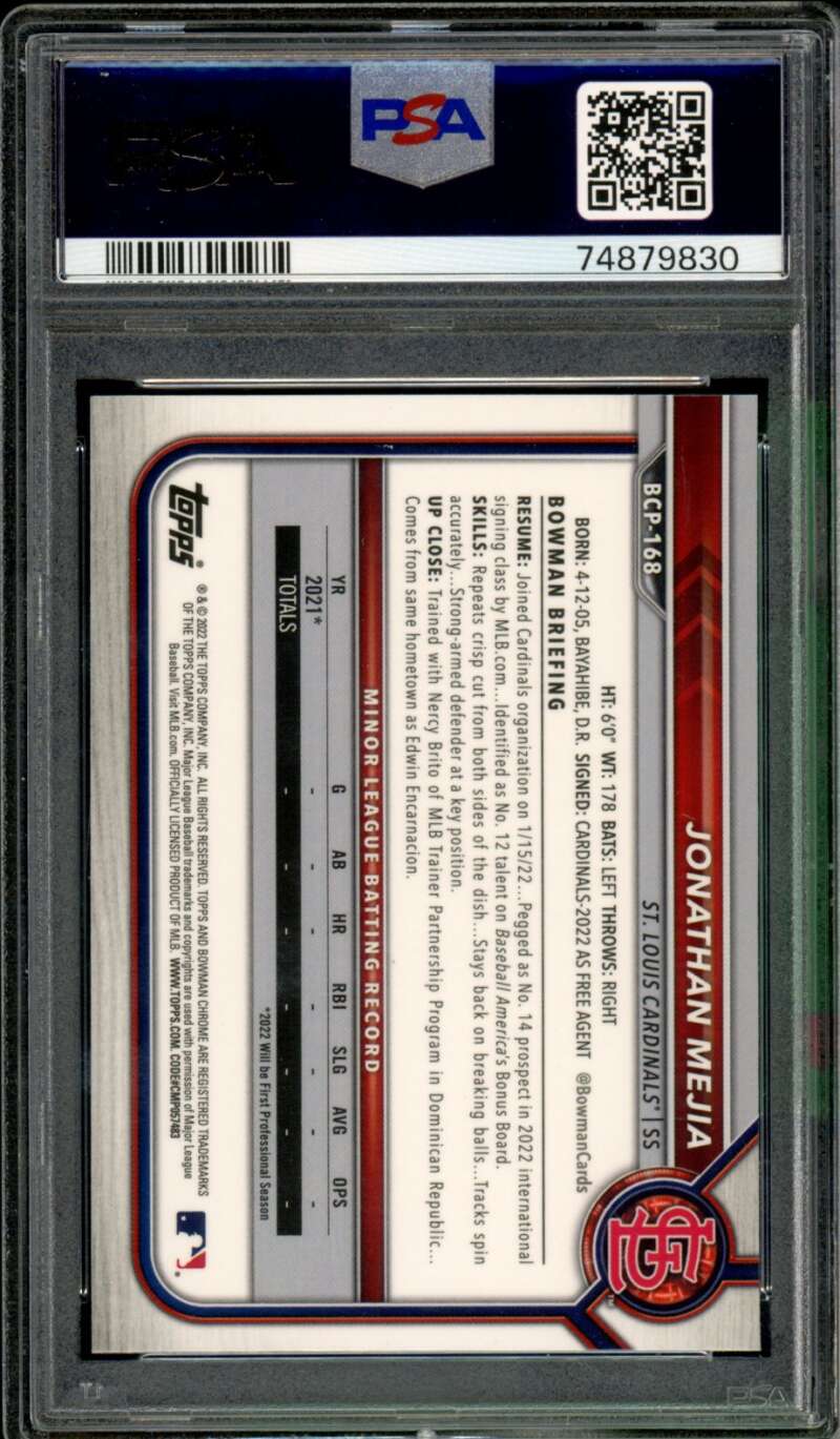 Jonathan Mejia Rookie Card 2022 Bowman Chrome Prospects #BCP168 PSA 10 Image 2