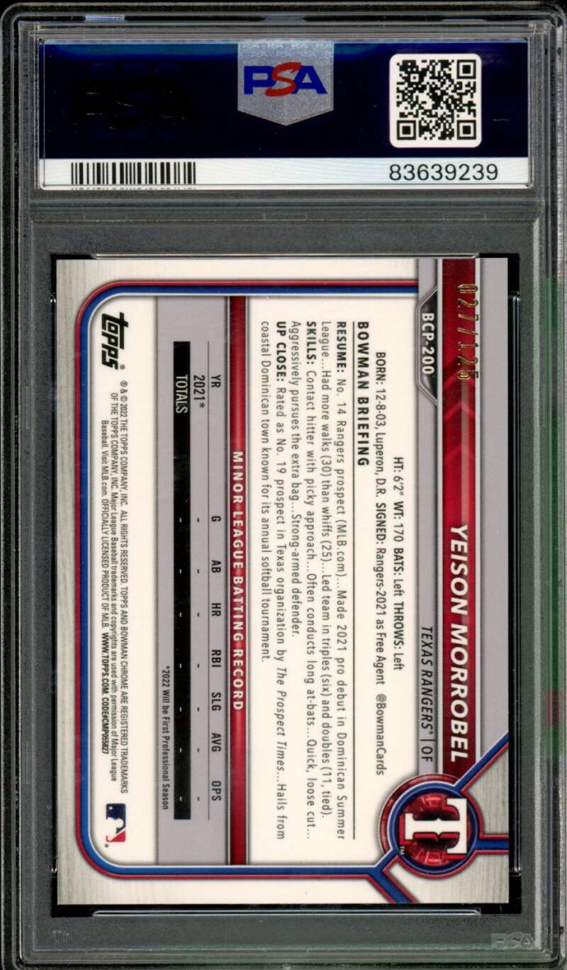 Yeison Morrobel Rookie Card 2022 Bowman Chrome #BCP200 PSA 10 Image 2