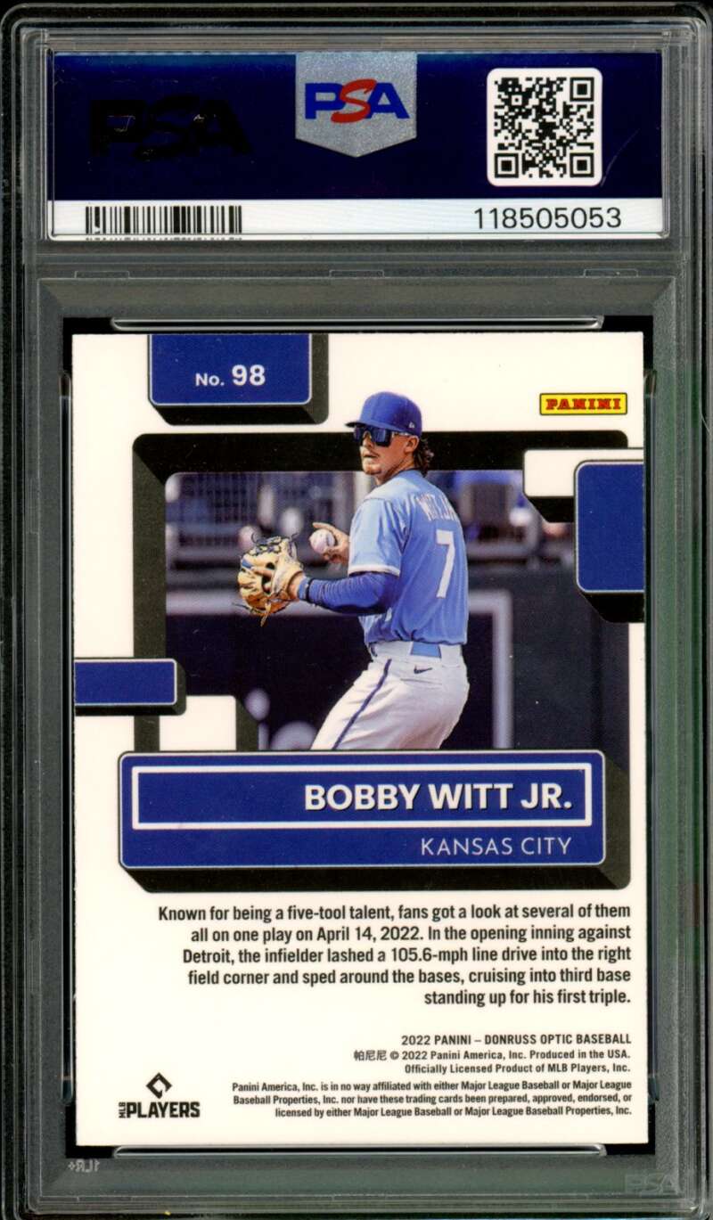 Bobby Witt Jr. Rookie Card 2022 Donruss Optic #98 PSA 10 Image 2