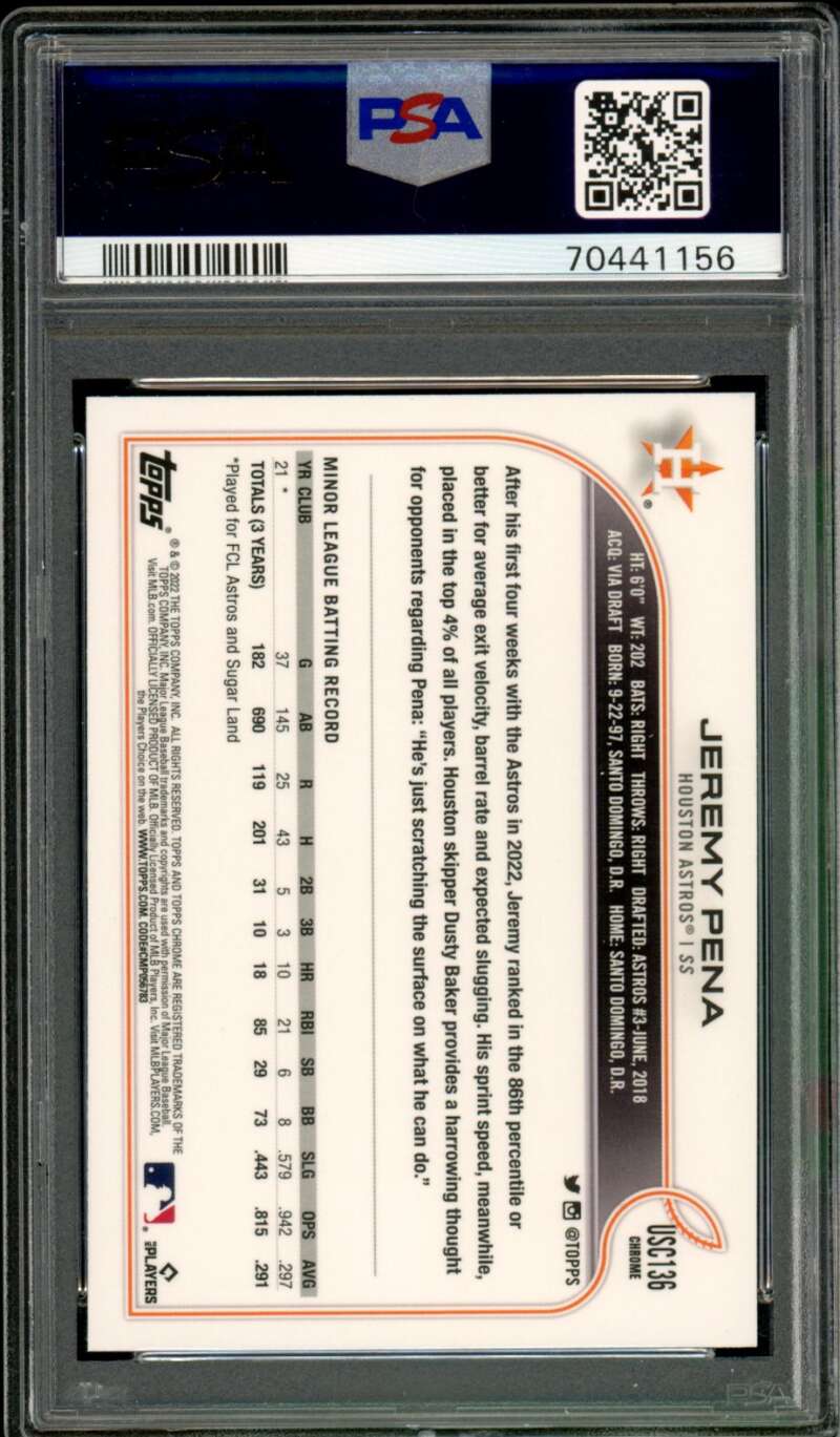 Jeremy Pena Rookie Card 2022 Topps Chrome Update Purple Refractor #USC136 PSA 9 Image 2