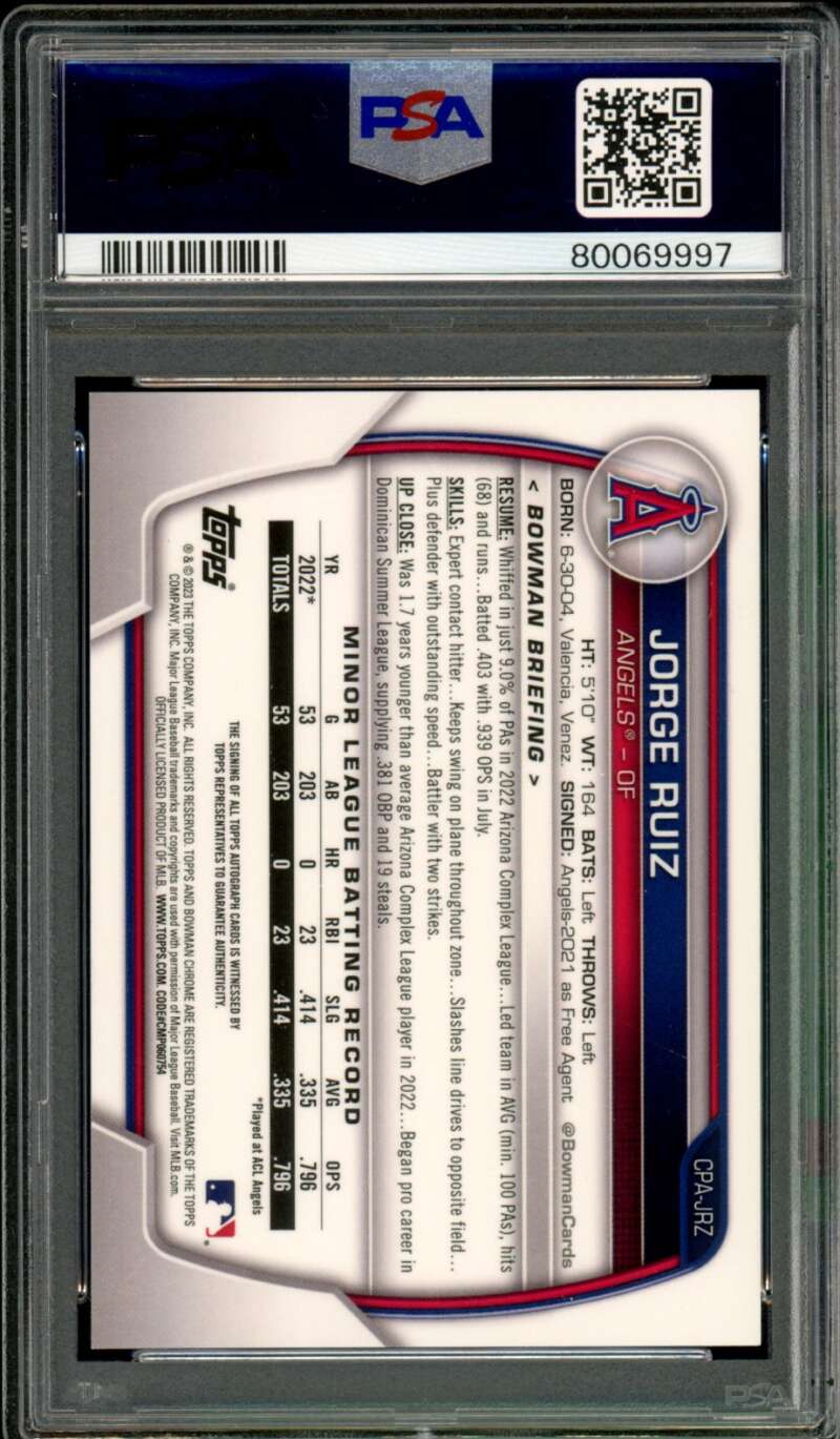 Jorge Ruiz Rookie Card 2023 Bowman Chrome Prospect Auto #CPAJRZ PSA 9 Image 2