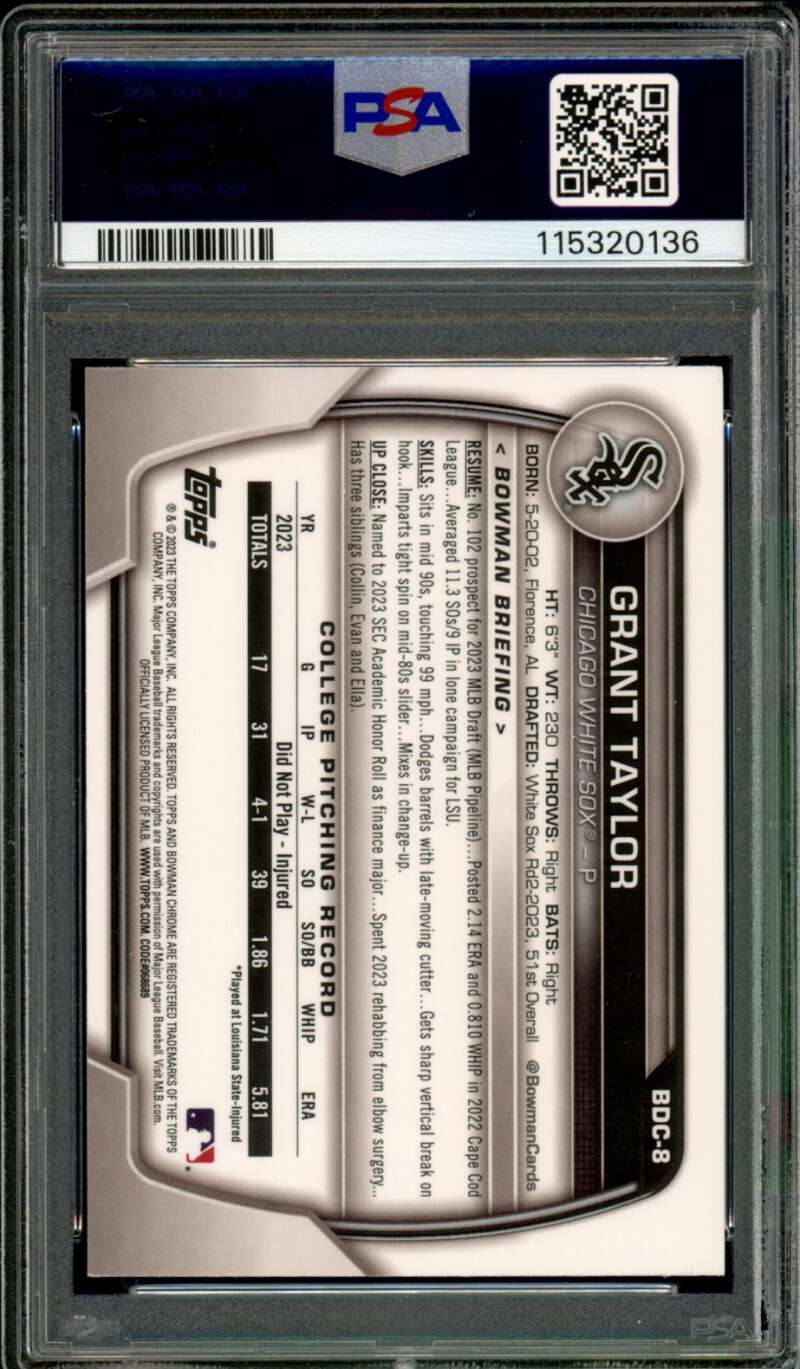 Grant Taylor Rookie Card 2023 Bowman Draft Chrome Gold Refractor #BDC8 PSA 9 Image 2