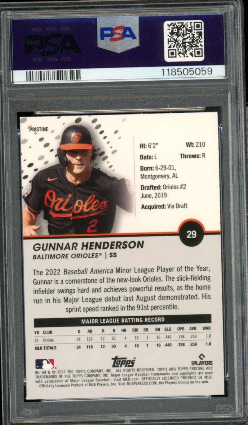 Gunnar Henderson Rookie Card 2023 Topps Pristine #29 PSA 10 Image 2
