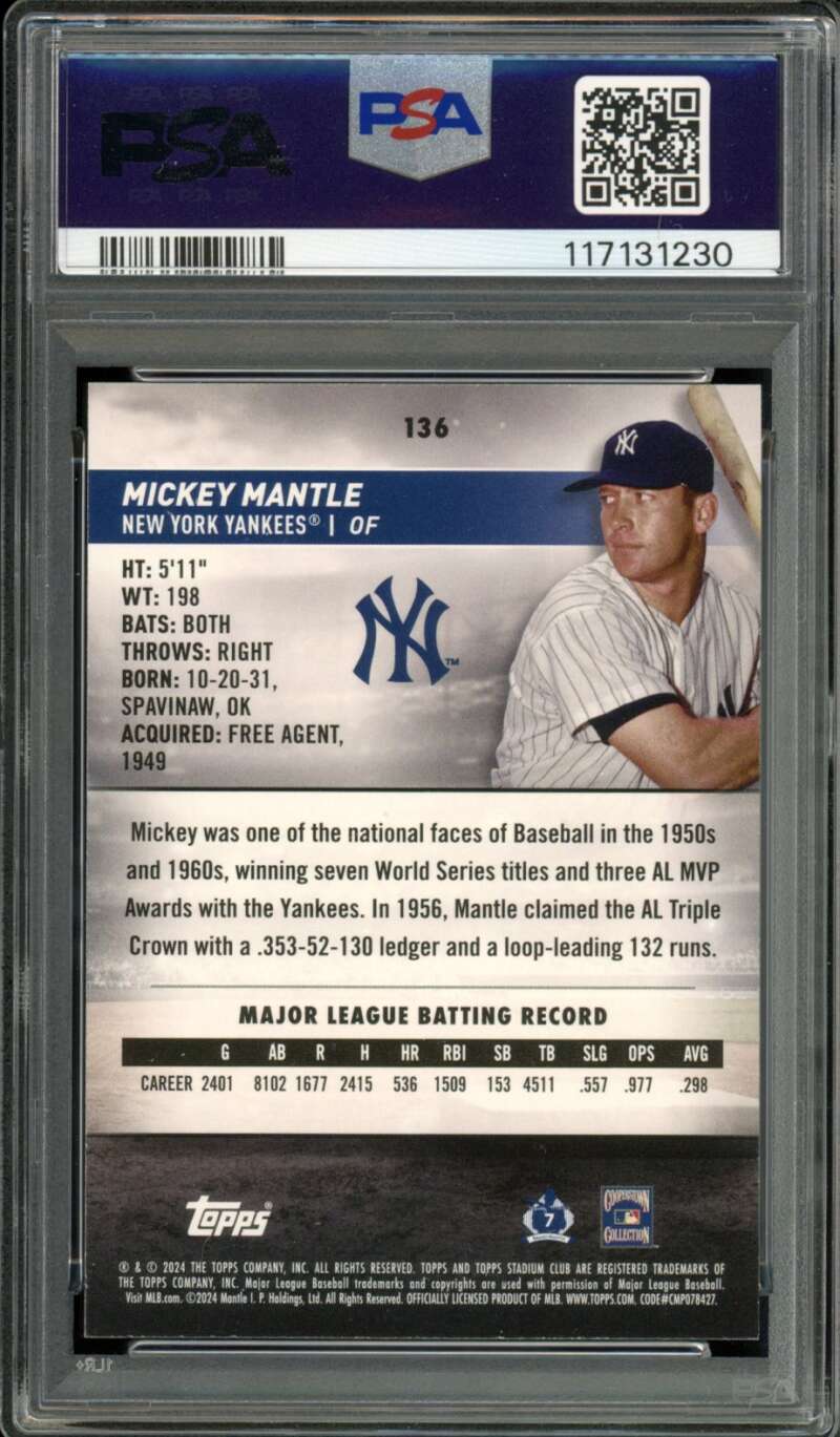 Mickey Mantle Card 2024 Stadium Club Pink Foil (pop 1) #136 PSA 9 Image 2
