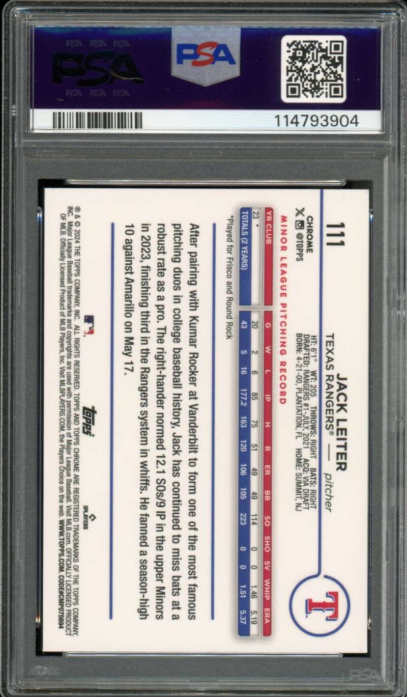 Jack Leiter Rookie Card 2024 Topps Chrome Purple Sonar Refractor #111 PSA 10 Image 2
