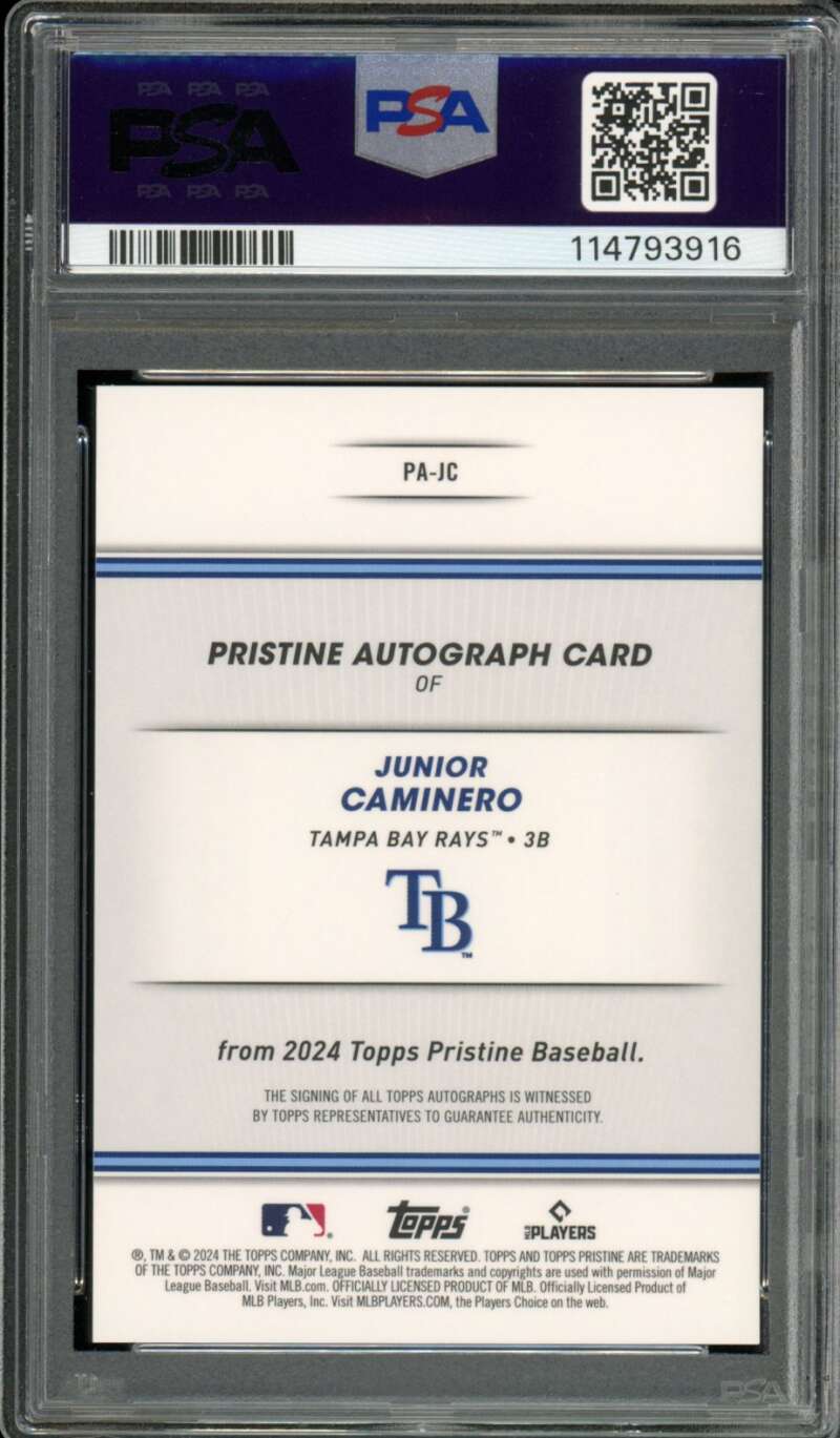 Junior Caminero Rookie Card 2024 Topps Pristine Autograph #PAJC PSA 10 Image 2