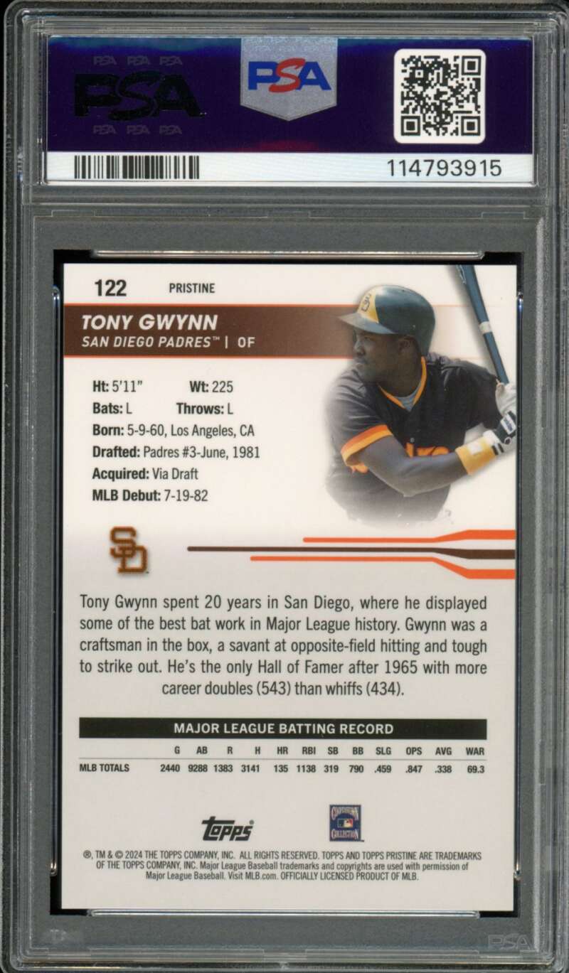 Tony Gwynn Card 2024 Topps Pristine Orange (17/25) #122 PSA 10 Image 2