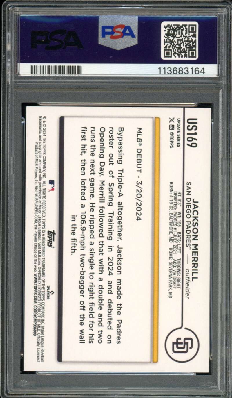 Jackson Merrill Rookie Card 2024 Topps Update #Us169 PSA 9 Image 2